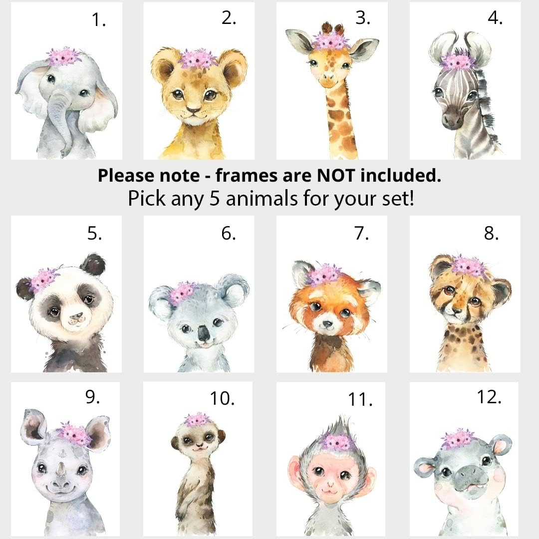 Personalized Safari Animals for Baby Girls Nursery, Set of 6 Unframed Poster Prints, Personalized Name Pink Lilac Floral, Girls Bedroom Decor, Elephant Giraffe (9x12)