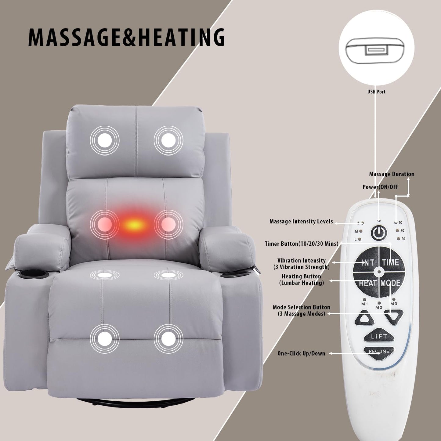 KCQ Electric Massage Swivel Rocker Recliner Chairs with Heat Cup Holders Overstuffed PU Leather Power Rocking Glider Chairs Reclining Lounge Chair for Adults, Grey