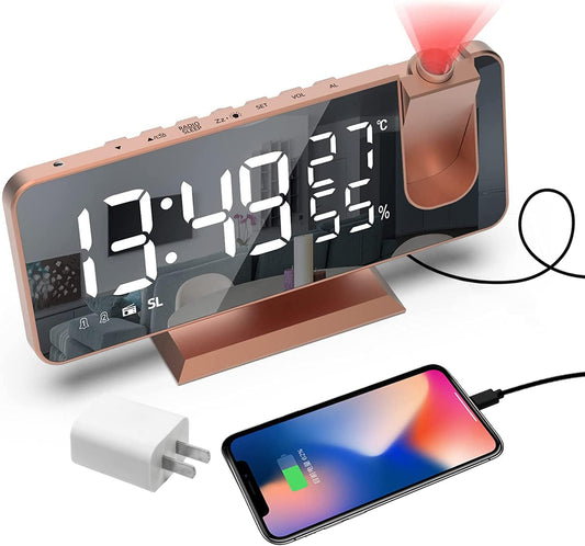 Projection Digital Alarm Clock for Bedrooms, Alarm Clock Radio on Ceiling, USB Charger Port, Temperature & Humidity Display, 7.3” Large Mirror LED Display,12/24H,Snooze,Dual Loud Clock- 4 Dimmer