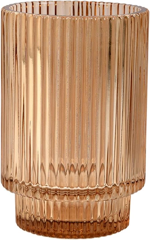 Serene Spaces Living Amber Ribbed Glass Votive Holder, Decorative Centerpiece for Wedding, Christmas, Thanksgiving, Party, Dining Table, Living Room, Home Décor, Measures 3.25" Diameter and 5" Tall