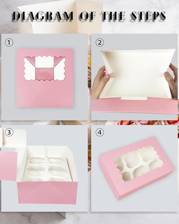 Bakepacker Auto-pop up 6 Cupcake Boxes with Window 20 Count Pink Box 9.4 x 6.1 x 3 inch Cupcake Carrier