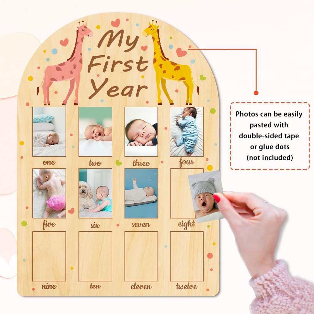 ORIGACH My First Year Baby Growth Photo Display Wood Board - 12 Months Newborn Milestones Photo Board - Neutral Baby Keepsake Frame 1st Birthday Party Nursery Decor New Mom Gift - Giraffe