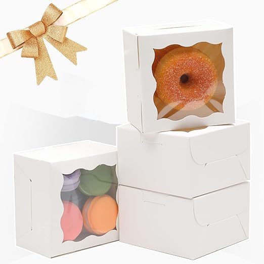 Bakepacker White Bakery Boxes with Window - 4x4x2.5 inches Small Size Pastry & Mini Cookie Boxes for Bakeries - Thick & Sturdy (100 Packs)