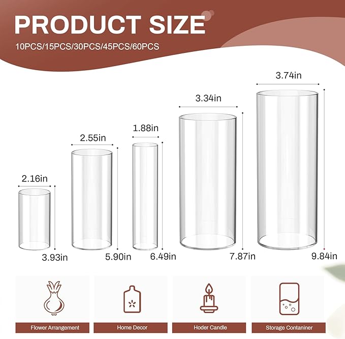 15 Pack Glass Cylinder Vase for Centerpieces, Clear Flower Glass Vases for Wedding Decorations, Hurricane Floating Candle, Holder for Table Centerpiece Wedding Home Décor