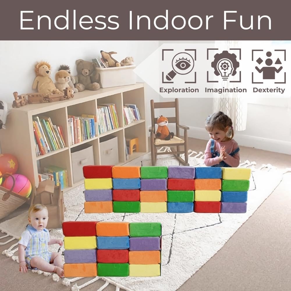 Wonder Space Plush Foam Blocks - Nursery Building & Stacking Toys for Toddlers Boys & Girls, Soft Smooth Velvet Cover, Early Education Gross Motor Skills & Brain Development (24 Bricks, Classic)
