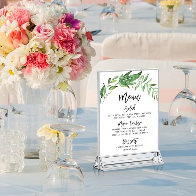 4x 6 Acrylic Sign Holder 12 Pack, Double Sided Silver Picture Frames Clear Wedding Table Numbers for Party, Menu, Restaurant, Photo, Office, Hotels, Meetings