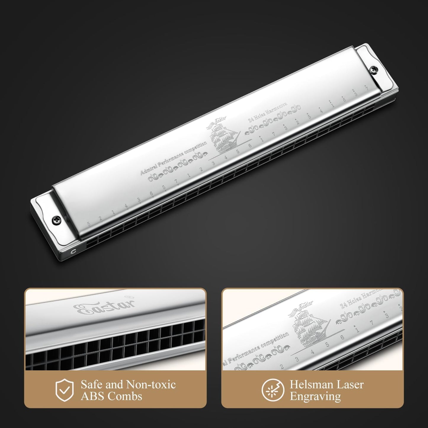 Eastar Admiral 24 Holes Harmonica, Key of C Tremolo for Beginners Adults Kids, Performance Competition Mouth Organ with Hard Case and Cloth, Silver