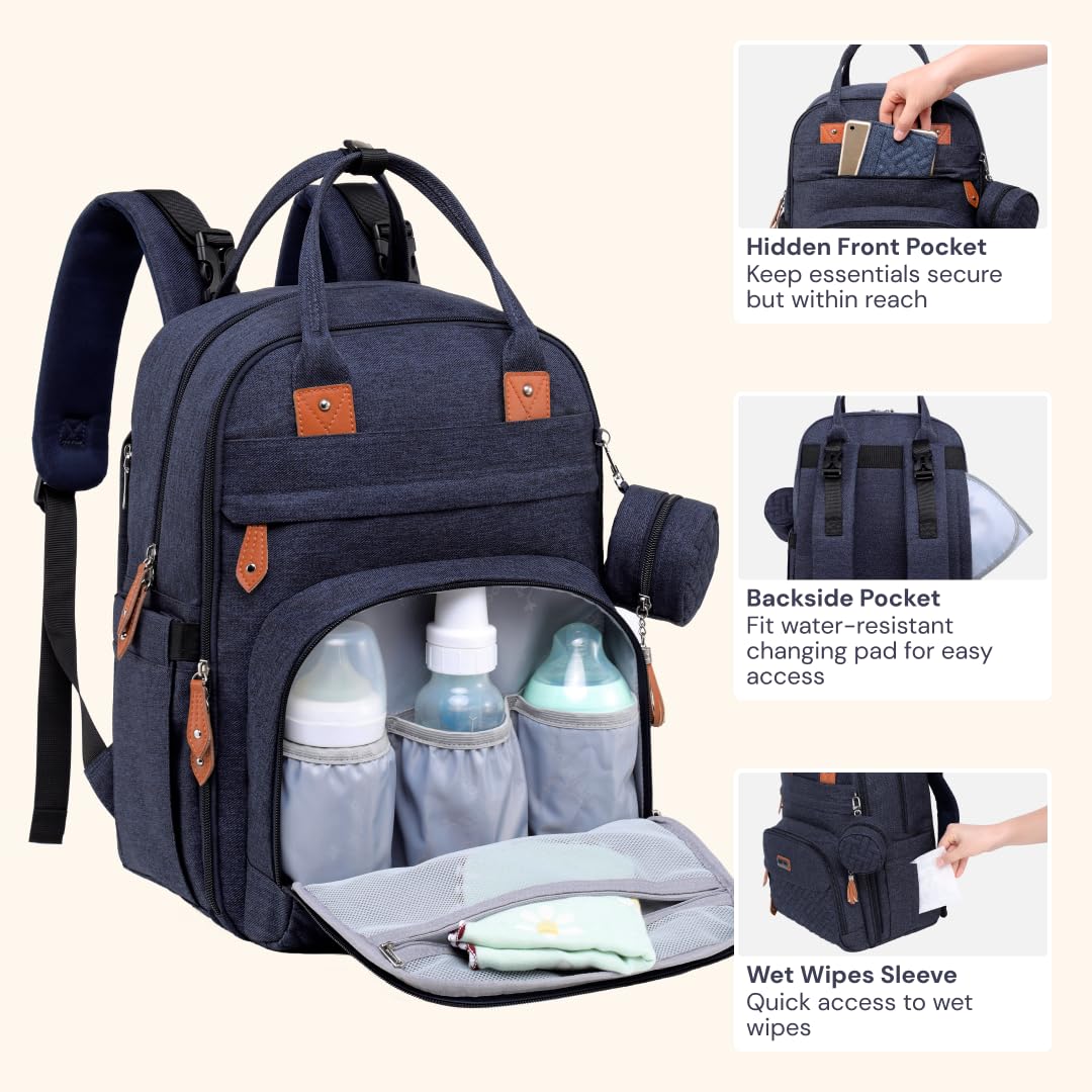 BabbleRoo Diaper Bag Backpack - Baby Essentials Travel Tote - Multi Function Waterproof Diaper Bag, Travel Essentials Baby Bag with Changing Pad, Stroller Straps & Pacifier Case - Unisex, Navy Blue