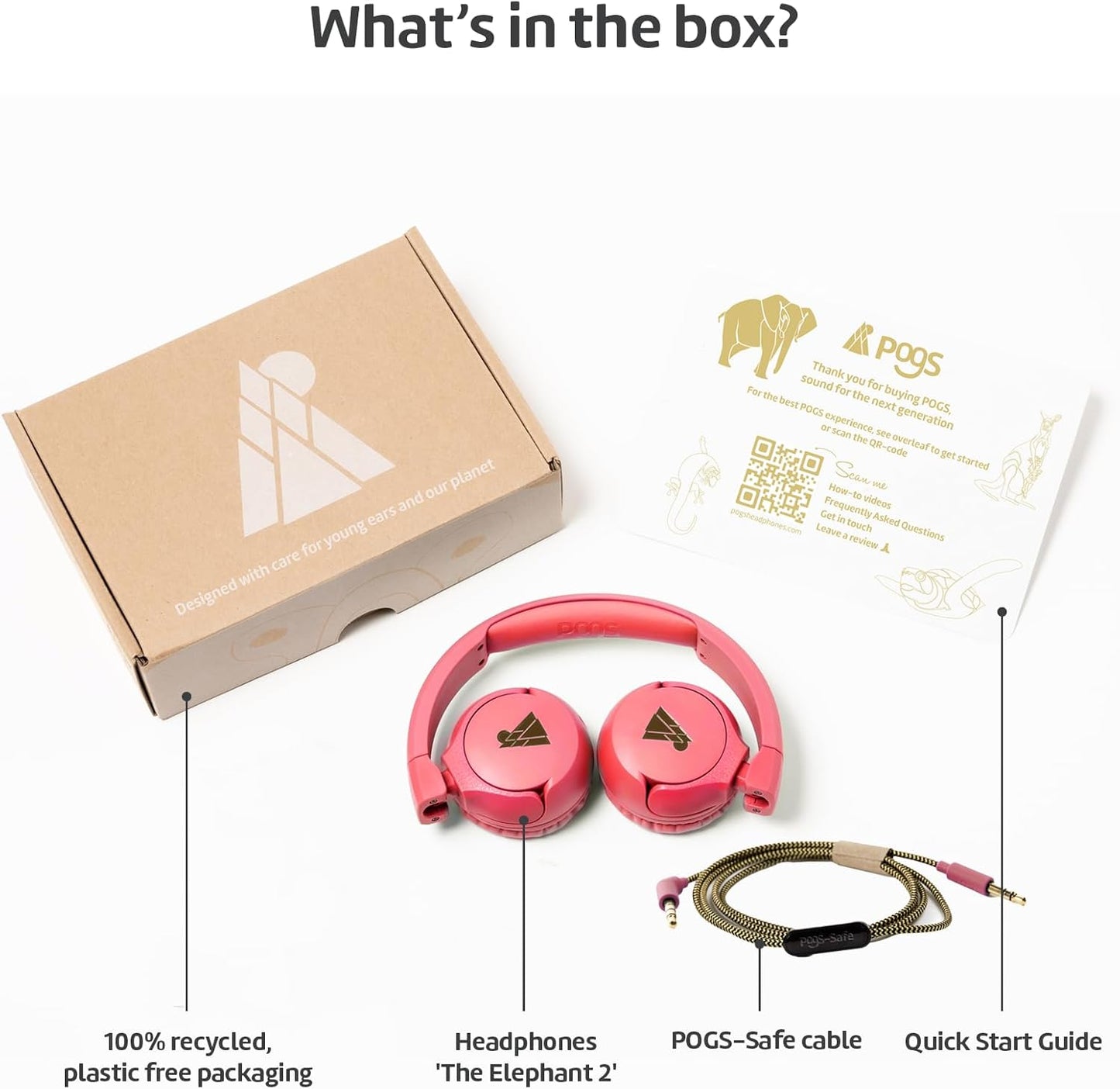 POGS Kids Wired Headphones | The Elephant 2 | Adjustable, Durable Headphones for Kids 3+ | Limited to 85 dB, Microphone | On-Ear | Music-Sharing Function Safe 3.5mm Audio Cable (3.2ft) (rPink)