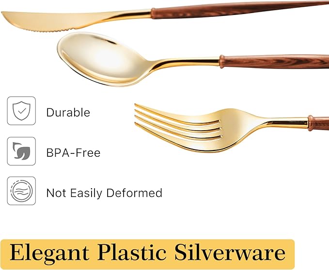 Lullaby 240PCS Gold Plastic Silverware, Gold Disposable Cutlery with Wood Grain Handle Include 80 Forks, 80 Spoons, 80 Knives, Elegant Disposable Silverware for Wedding, Party, Gathering, Daily Use