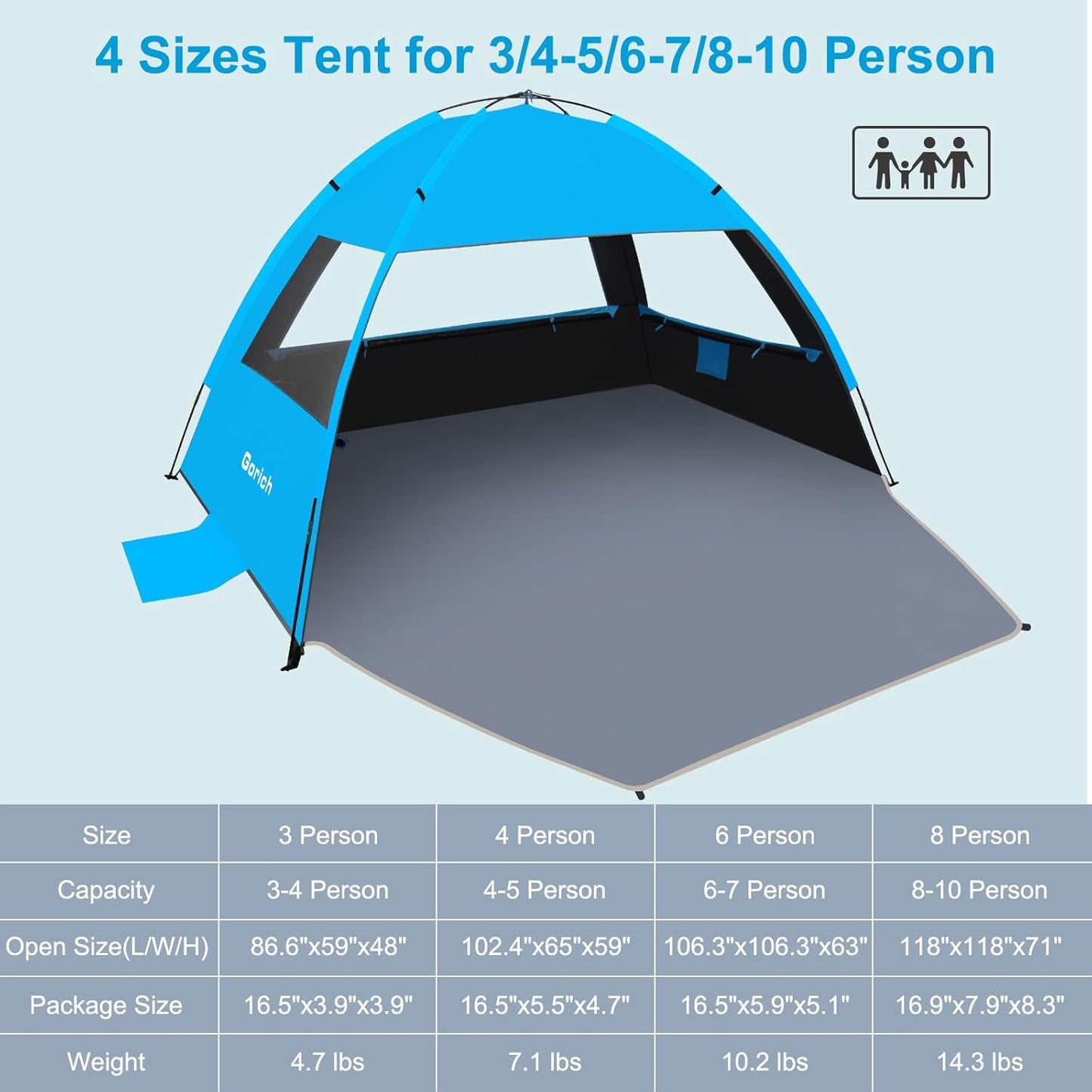 Gorich Beach Tent Sun Shelter for 3/4-5/6-7/8-10 Person with UPF 50＋ UV Protection, Lightweight & Easy Setup Beach Shade Canopy, Portable Beach Shade Tent Beach Cabana