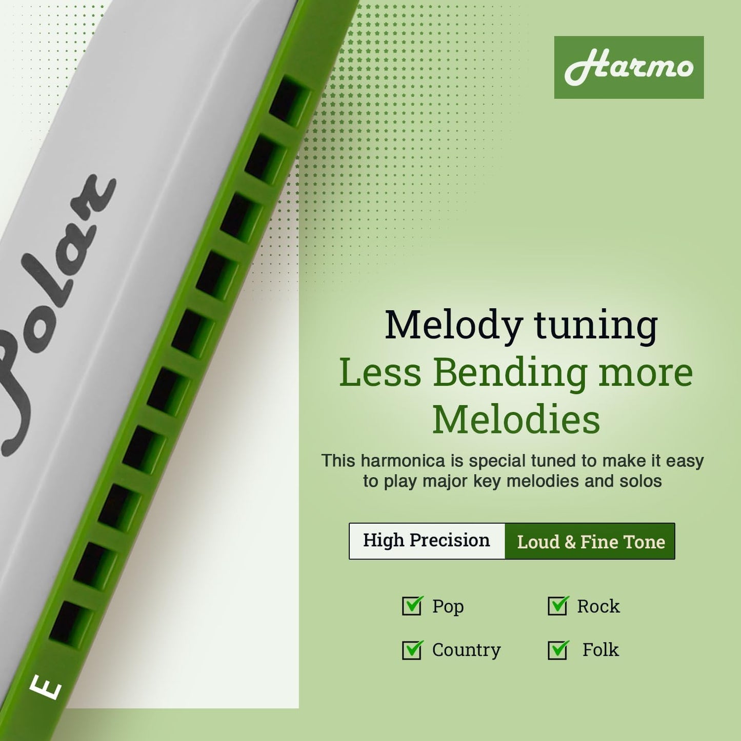 Polar Diatonic Melody Tuned Harmo Harmonica Key of E - Special Tuning for Easy Melodies in Cross Harp, 2 Octaves Without Bends, Loud & Responsive with Smooth Edges - USA-Checked