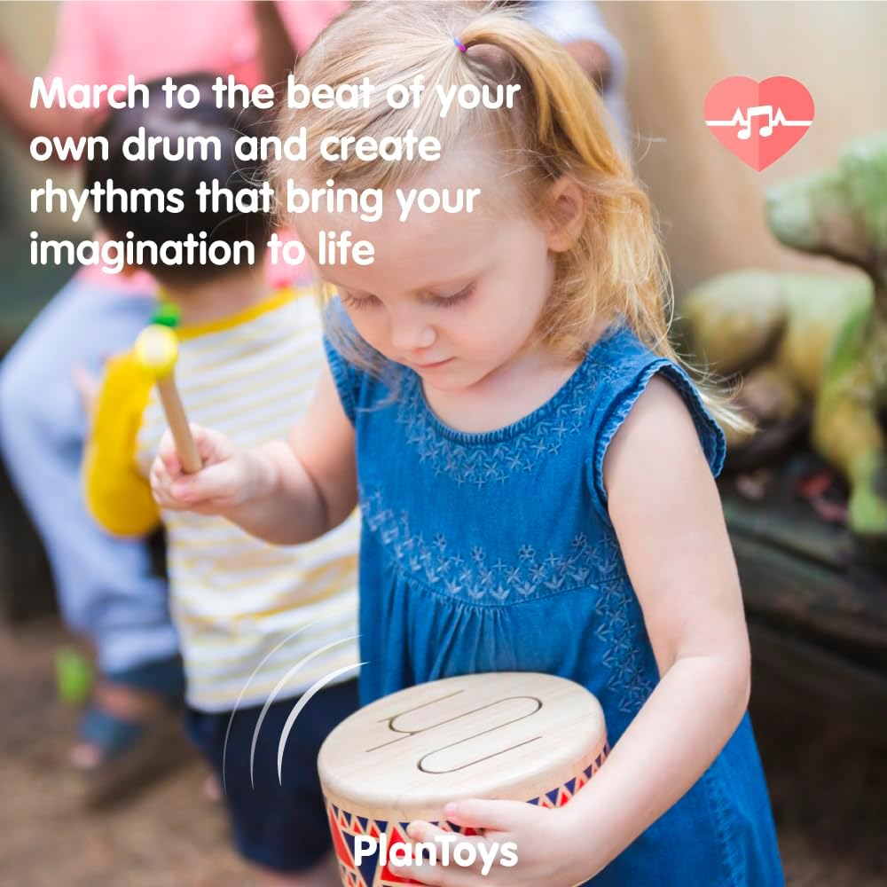 PlanToys® Solid Drum Wooden Musical Toy for Toddlers | Pretend Play Instrument for Kids | Eco-Friendly Percussion Toy for Coordination, Creativity & Early Learning Development