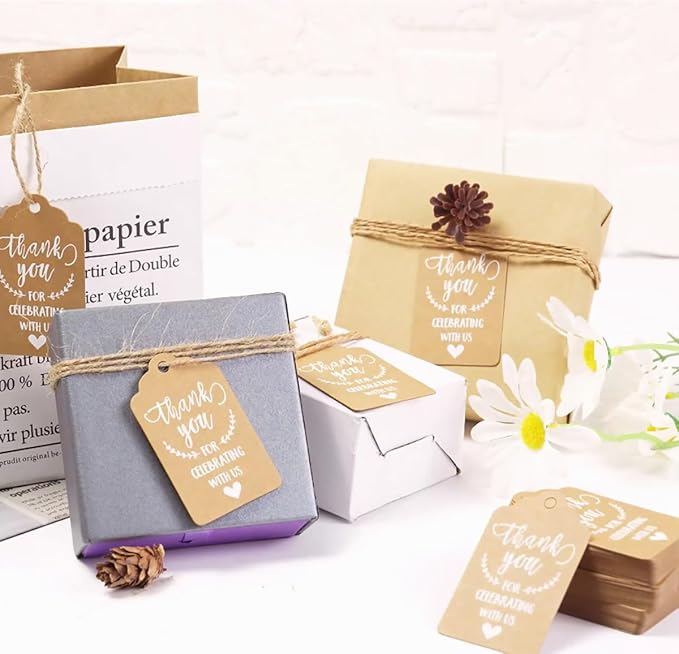 100 Pcs Kraft Paper Tags, Thank You for Celebrating with Us Tags with 20 Meters Jute Twine for Wedding Thanksgaving Christmas Party Arts and Crafts DIY Favor