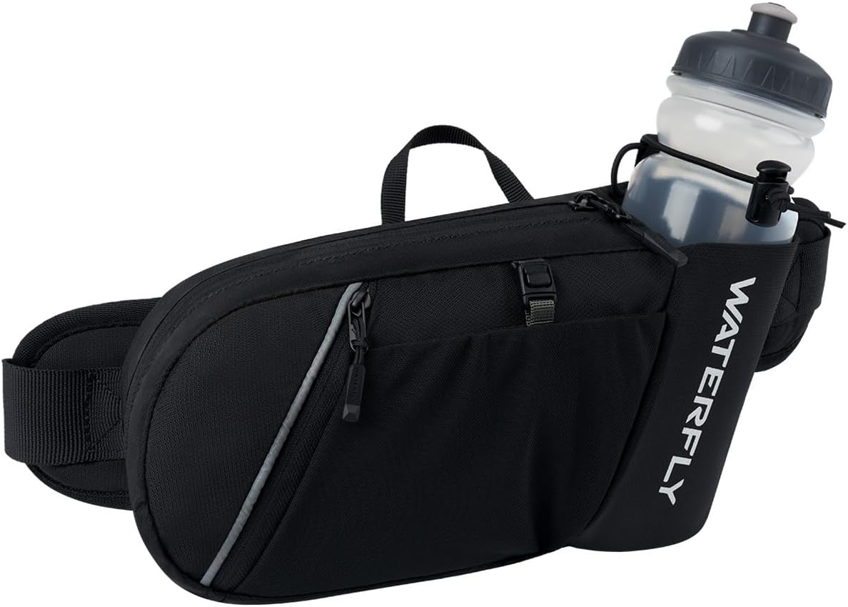 WATERFLY Fanny Pack Waist Bag: Hiking Water Bottle Holder with Strap Waist Pack for Women Men Hydration Hip Packs for Running Walking Traveling-Black