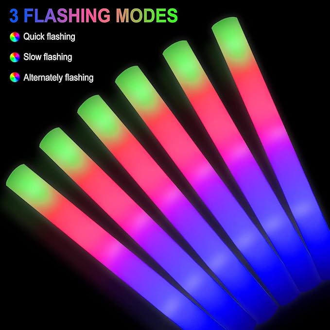 70pcs Foam Glow Sticks,Glow Sticks Bulk,3 Flashing Modes for Wedding Glow in The Dark Party Supplies, Light up Wand for Birthday,Outdoor Camping, Raves
