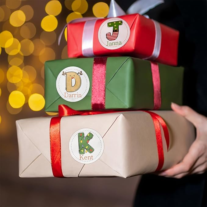 Personalized Christmas Name Stickers Xmas Decorations Initial Gift Stickers | 4 Initial Design | Custom Waterproof Cute Labels for Gift Box, Party Decorations, Envelopes | 30 Pcs ﻿