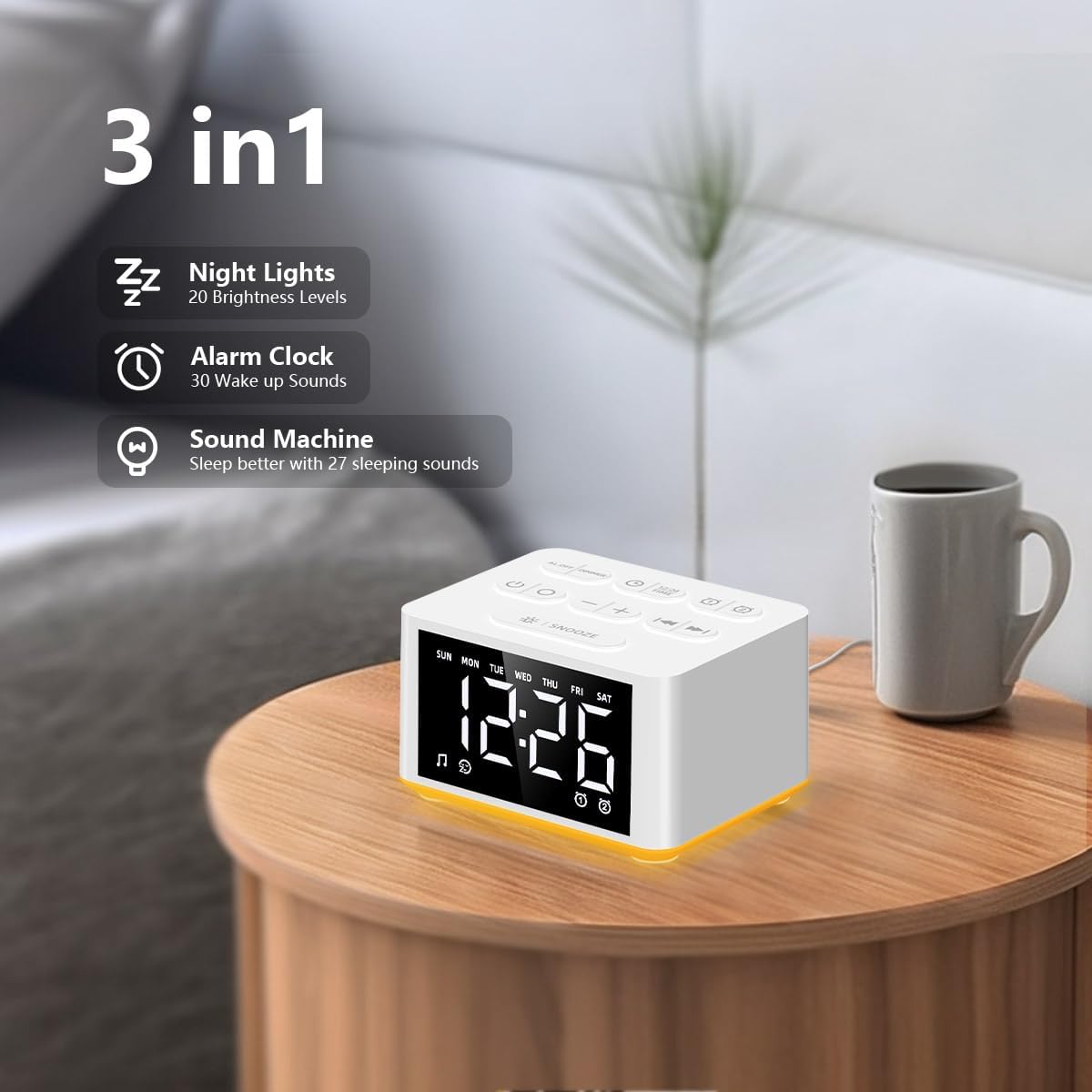 【3 in 1】 Sound Machine Dual Alarm Clock Night Light White Noise Machine 27 Sleeping Sounds for Adults Kids Precise 32 Level Volume Sleep Timer Memory Function Digital Clock with 30 Wake Up Sounds