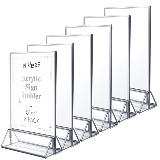 NIUBEE 6Pack 5x7 Clear Acrylic Sign Holder with Sliver Borders and Vertical Stand, Double Sided Table Menu Holders Picture Frames for Wedding Table Numbers, Restaurant Signs, Photos and Art Display