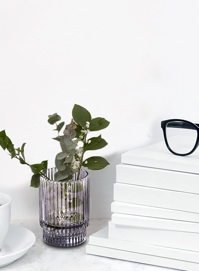 Serene Spaces Living Set of 4 Short Smoke Grey Ribbed Glass Votive Holder, Perfect for Weddings and Home Décor, Measures 3.75" Tall and 2.25" Diameter