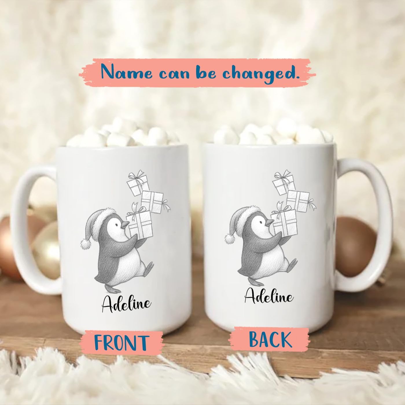 Personalized Penguin Accent Coffee Cup With Name, Cute Penguins Ceramic Mug Gift For Granddaughter Grandson Birthday, Customized Name Penguin White Coffee Mug 11 15 Oz, Novelty Penguins Lover Teacup