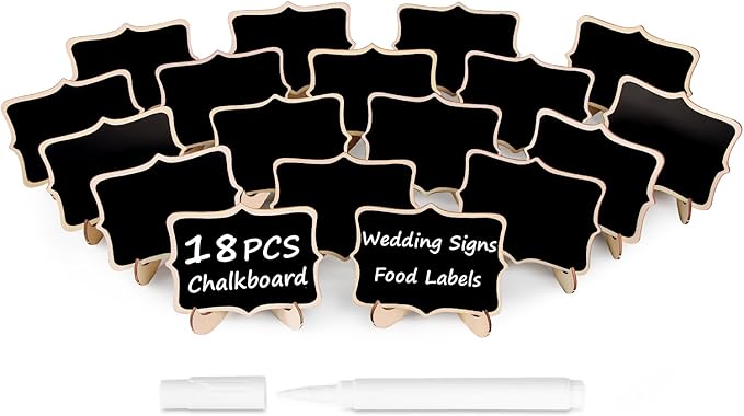 Herda 18 PCS Mini Chalkboard Signs with Easel Stand, Wooden Blackboard Labels for Wedding Celebration, Name/Place Cards, Food Labels for Party Buffet, Reusable Signs/Message Boards/Table Numbers etc.