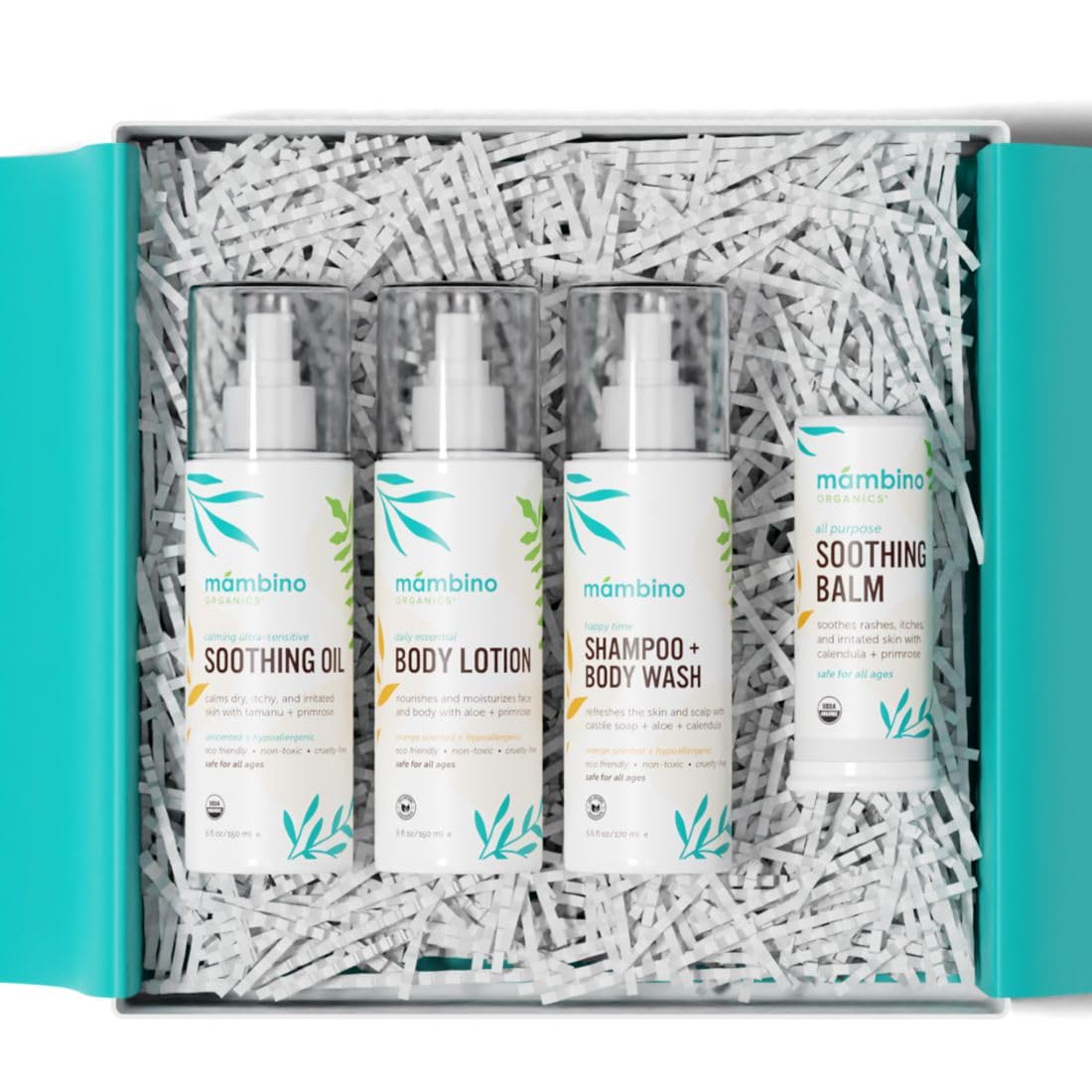 Mambino Organics Baby Arrival Essential Care Gift Set - Organic Baby Care Kit - Vegan & Cruelty-Free 4pc Set - Shampoo, Lotion, Soothing Oil & Balm - Ideal Organic Baby Gift Set for New Moms