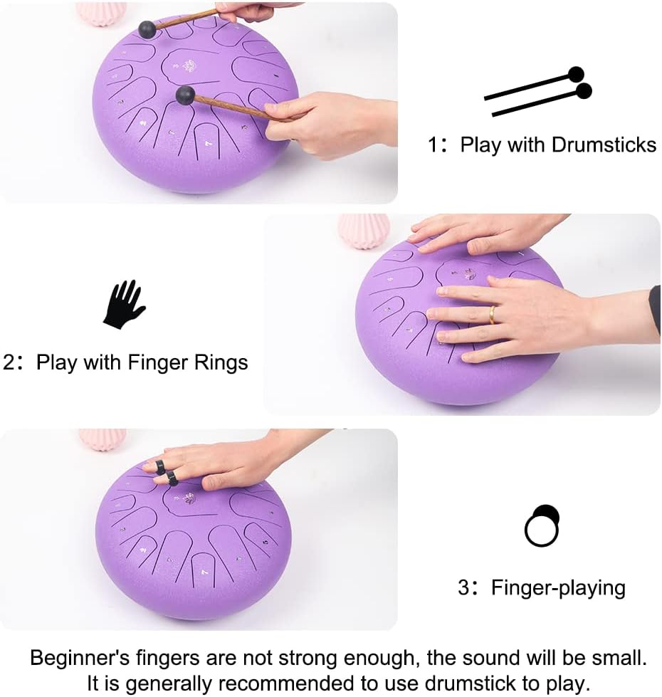Rain Drum for Outside Garden,Steel Tongue Drum 12 Inches 15 Notes Musical Instruments, Handpan Drum Percussion Instrument, with Soft Bag, Music Book, 2 Mallets, for Meditation or Yoga (Purple)