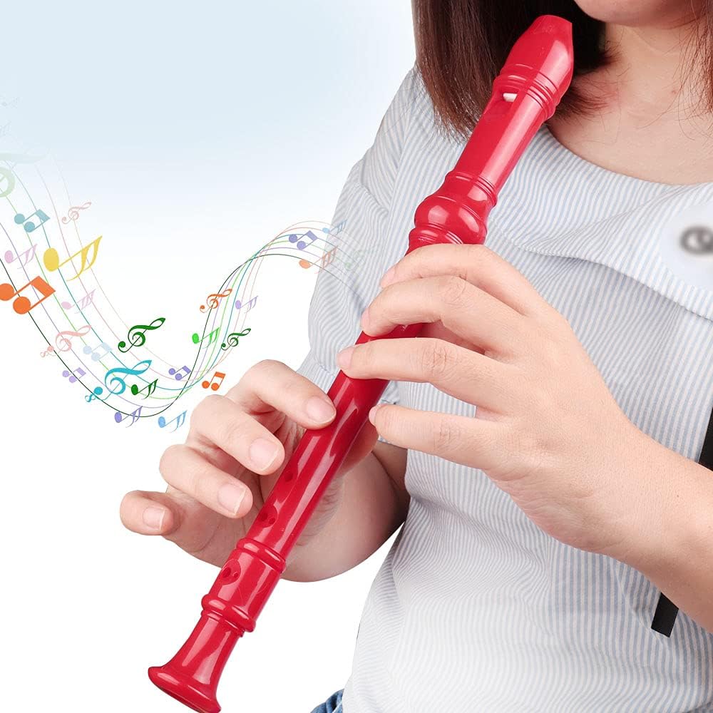 Mr.Power Soprano Recorder German Style C Key for Beginner Student Music Class 3 Piece ABS With Thumb Rest + Fingering Chart + Cleaning Stick + Carrying Bag (Red)