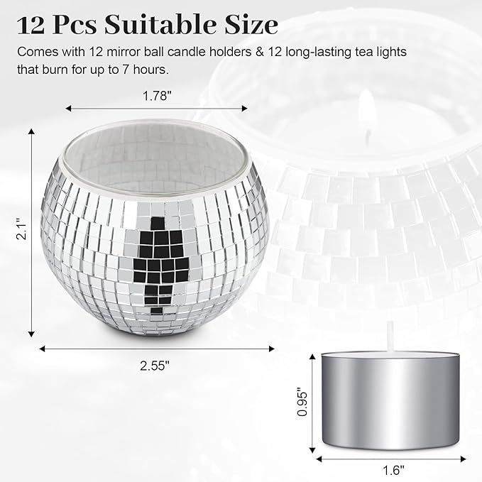 Luditek Disco Ball Candle Holders, 12 Pcs Mirror Silver Decor for Christmas Birthday Wedding NYE Party Decorations, Glass Votive with Tealights for Home Table Centerpiece, Gifts for Women