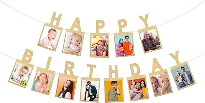 Birthday Photo Banner, Suitable for Kids and Adults Birthday Party Decoration, Annual Milestone Golden Happy Birthday Banner (gold)