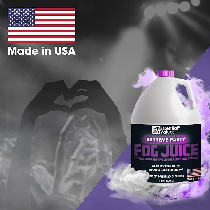 Essential Values Fog Machine Fluid - Extreme High Density Fog Juice (128 FL OZ / 1 Gallon) – White-Out Conditions for Water Based Foggers Designed for 700 Watts+ - Manufactured in USA