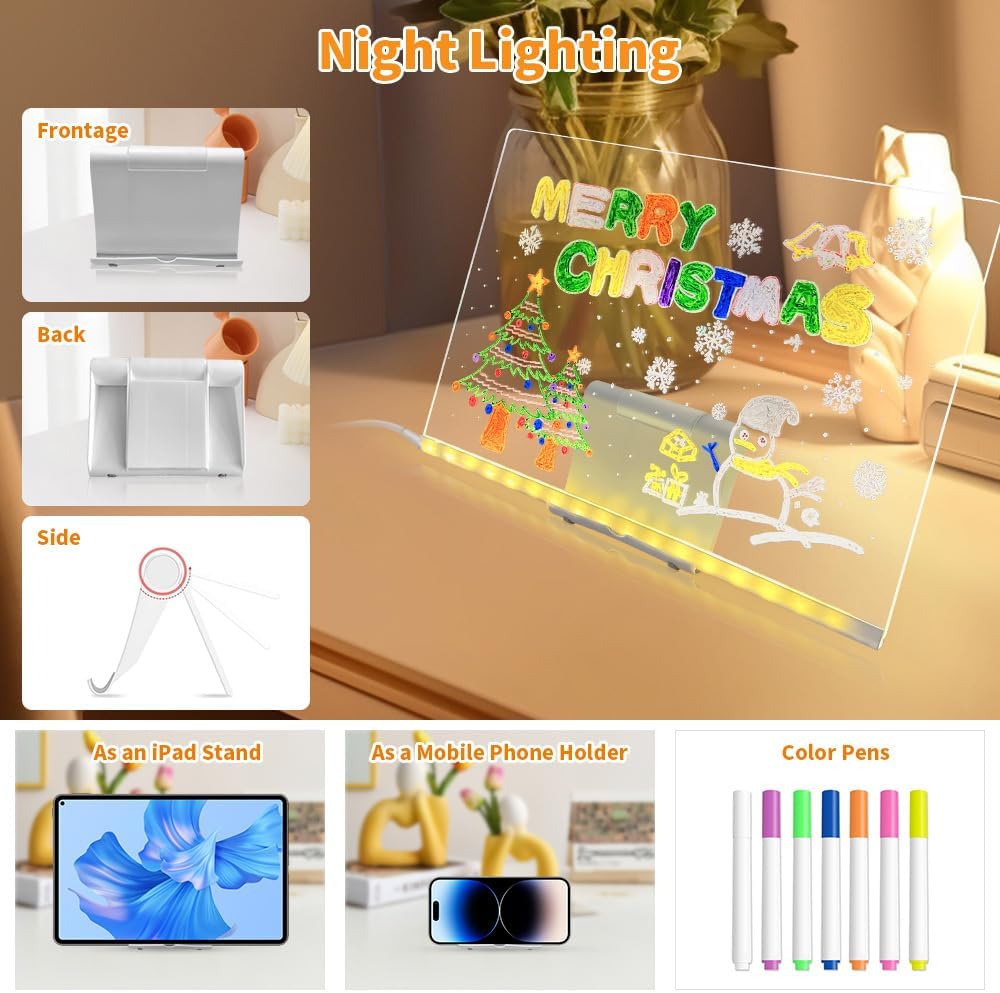 LED Note Board with Colors, 7 Colors Acrylic Message Board with Light, LED Drawing Board Gifts for Kids, Dry Erase Board with Adjustable Stand for Office School Home Decor (7.87 * 11.81 in)
