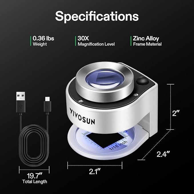 VIVOSUN 30X Rechargeable Loupe, Portable Mini Magnifier, Desktop Magnifying Glass with 3 LED & 3 UV Lights, for Jewelry, Gems, Watches, Coins, Stamps, White