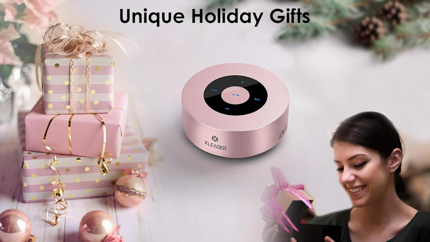 XLEADER Mini Bluetooth Speaker (Travel Case Provided) HD Sound&Rich Bass, Touch Design, 12-15H Playtime, Support Aux Input, Micro SD, Mic, for iPhone Laptop Shower Office, Ideal Gifts, Pink Rose Gold