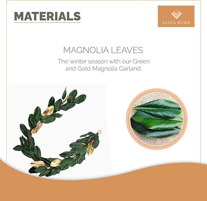 Green & Gold Magnolia Garland, 6ft Magnolia Leaf Christmas, Handmade Magnolia Christmas Decor with Faux Magnolia Leaves, Perfect Garland for Mantle & Holiday Decorations