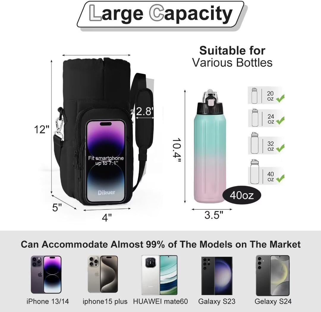 Water Bottle Holder with Strap, 4 Big Pockets with Compartment, 24oz/32oz/40oz Crossbody Water Bottle Carrier Bag