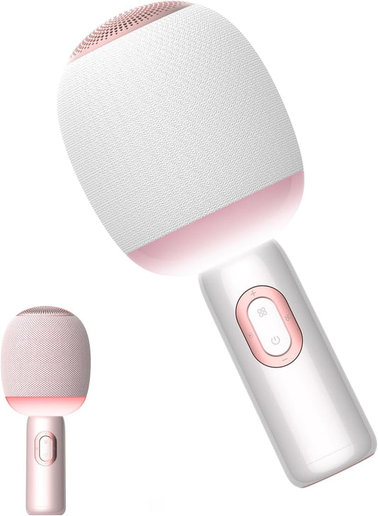 Wireless Bluetooth karaoke Microphone, 5-in-1 Portable Handheld Microphone for iPhone, Karaoke Microfono with Dynamic Lights for Car / Home Party, Music Record, Duet Singing Mic for Kids Adults-White