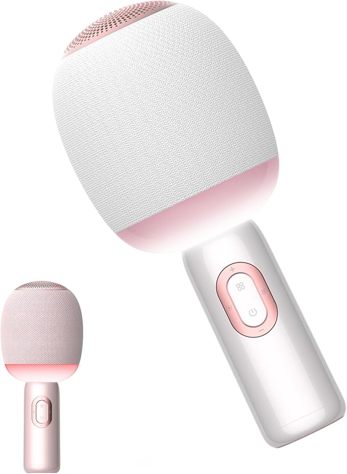 Wireless Bluetooth karaoke Microphone, 5-in-1 Portable Handheld Microphone for iPhone, Karaoke Microfono with Dynamic Lights for Car / Home Party, Music Record, Duet Singing Mic for Kids Adults-White