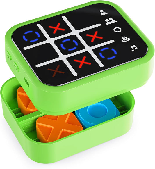 Rechargeable Tic Tac Toe Game Box with 5 Fun Brain Memory Games, Electronic Touchscreen Handheld Game, Portable Digital Puzzle Board Travel Toy, Gifts Choice for Kids and Adults (Green)