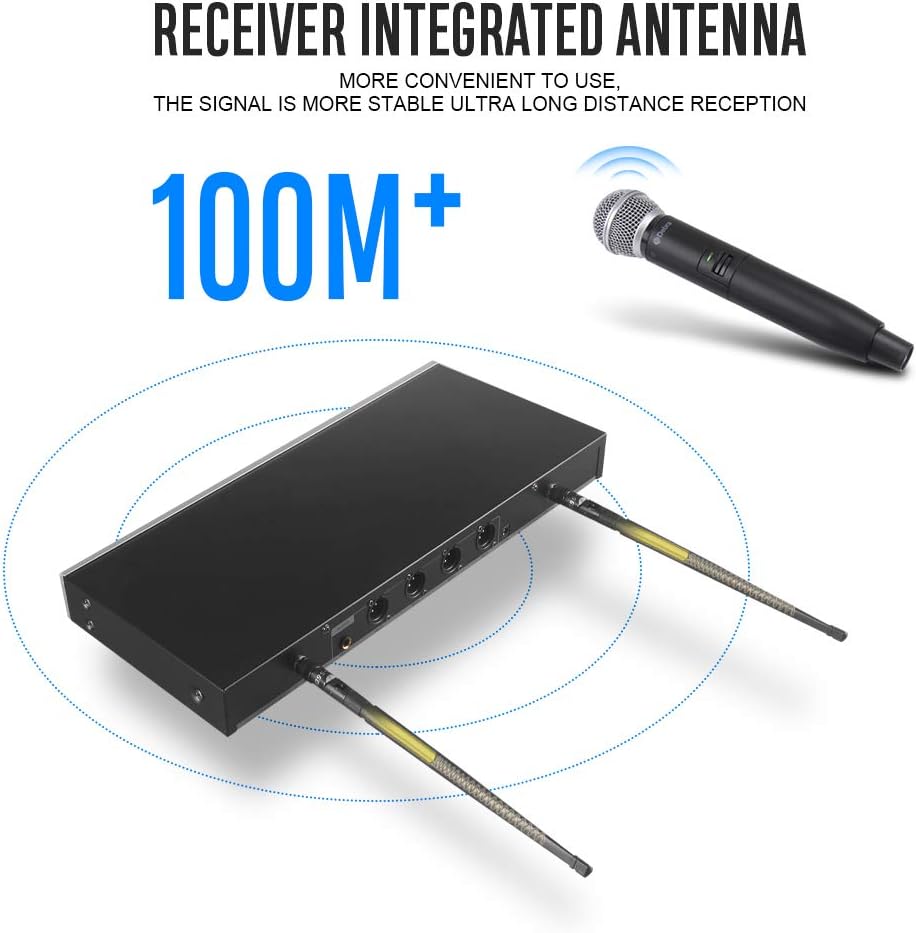 D Debra Audio D-440 UHF 4-Channel Wireless Microphone System with 4 Cordless Mics, Home Karaoke KTV Set, Ideal for Party, Church, Weddings, Stage, DJ, Outdoor, 300 Ft (2 Handheld & 2 Bodypack)