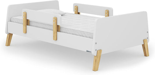 Dadada Muse Toddler Bed with 2 Removable Safety Rails. Low Profile Montessori Bed for Kids. Sturdy Solid Wood Frame, Fits Standard Crib Mattress, Easy to Assemble, Toddler Bed for Boys & Girls - White