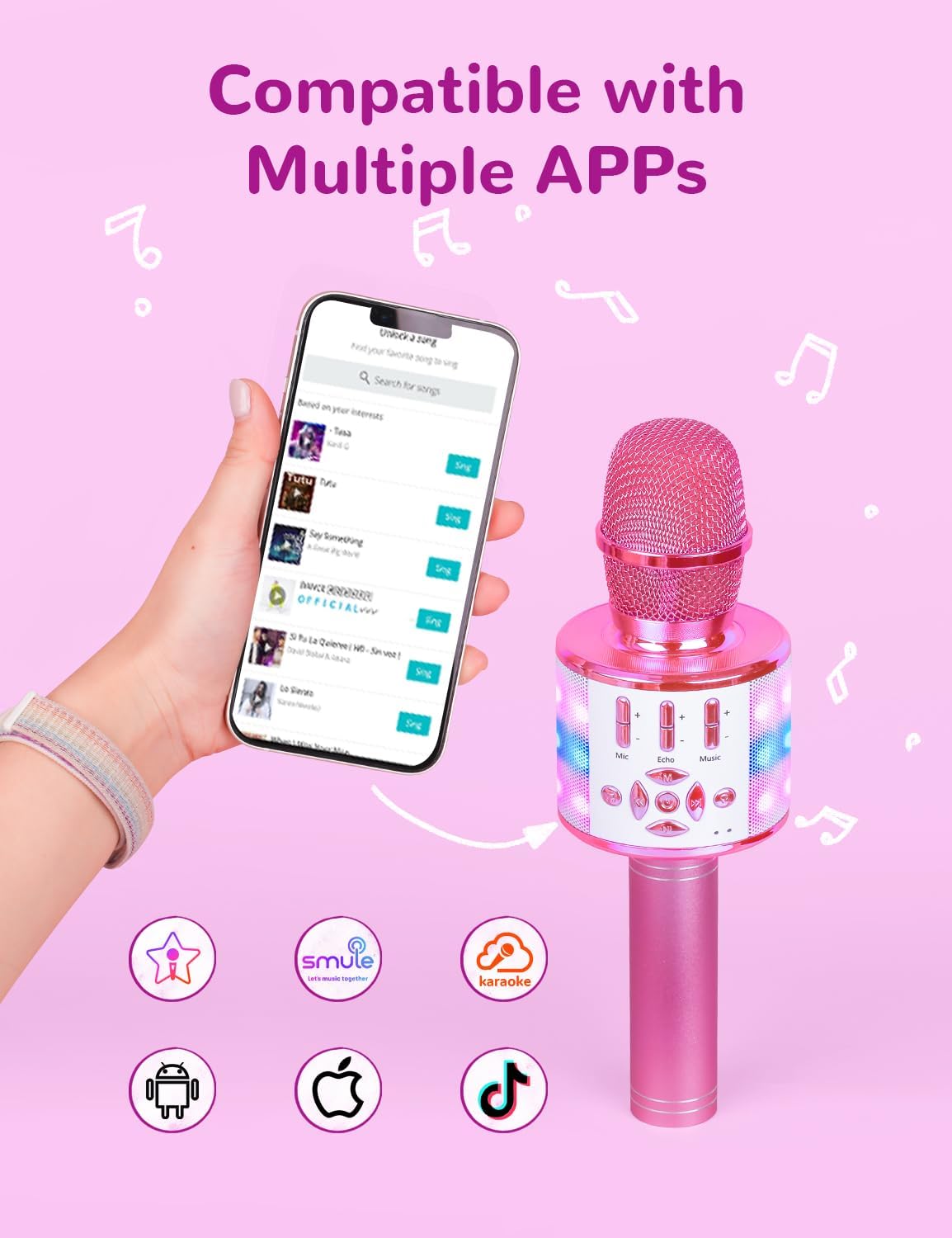 Amazmic Toys for Girls, Kids Karaoke Microphone Toddler Microphone for Kids with Lights, Birthday Gift for Girls, Boys Toy Age 3 4 5 6 7 8+(Light Pink)