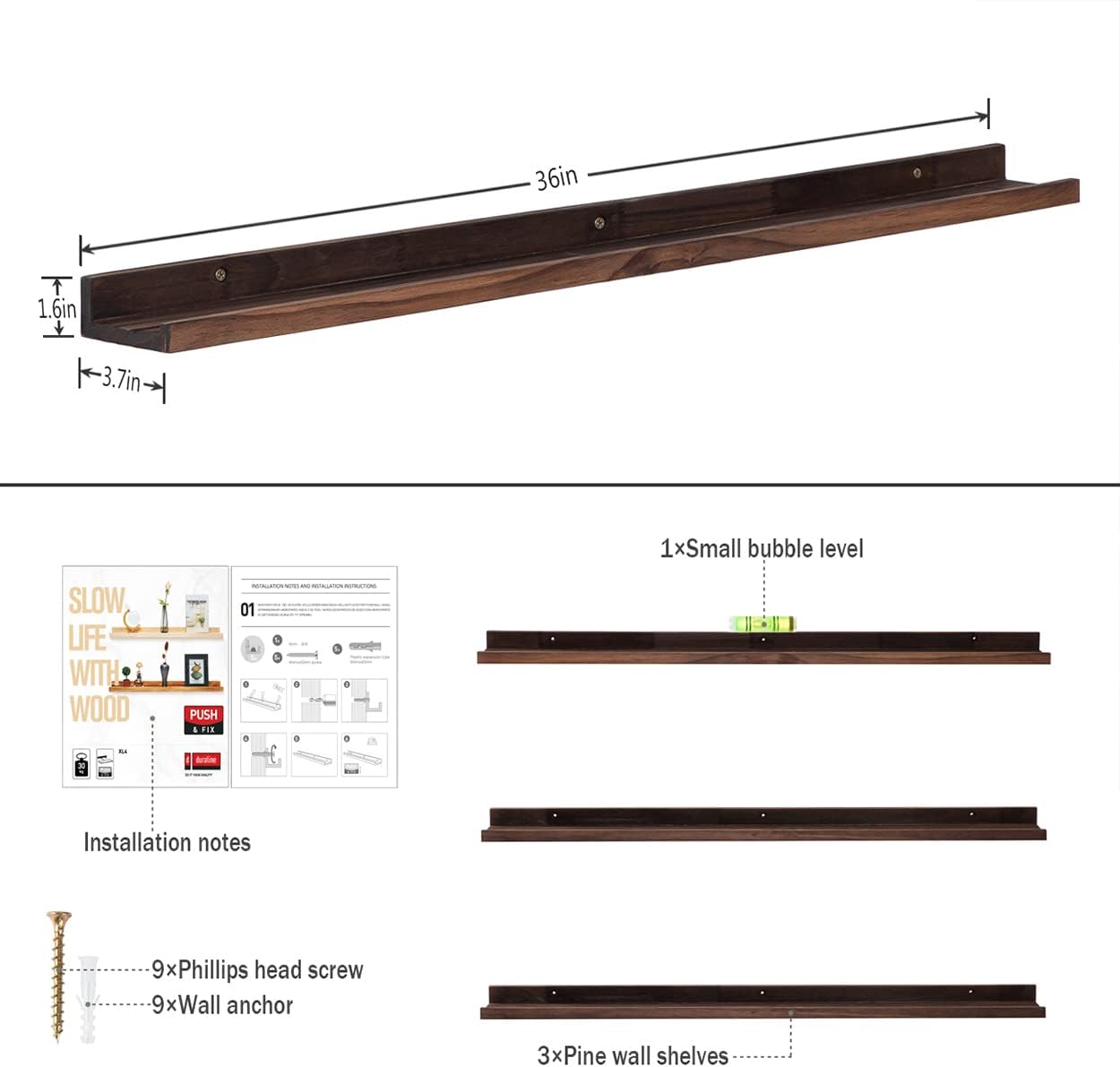 AZSKY 36 Inch Wall Mounted Floating Shelves for Home Decoration,Picture Display Wall Ledge Shelf for Bedrooms,Office,Living Room, Kitchen, Deep Walnut Wood Wall Shelf,3 Same Sizes