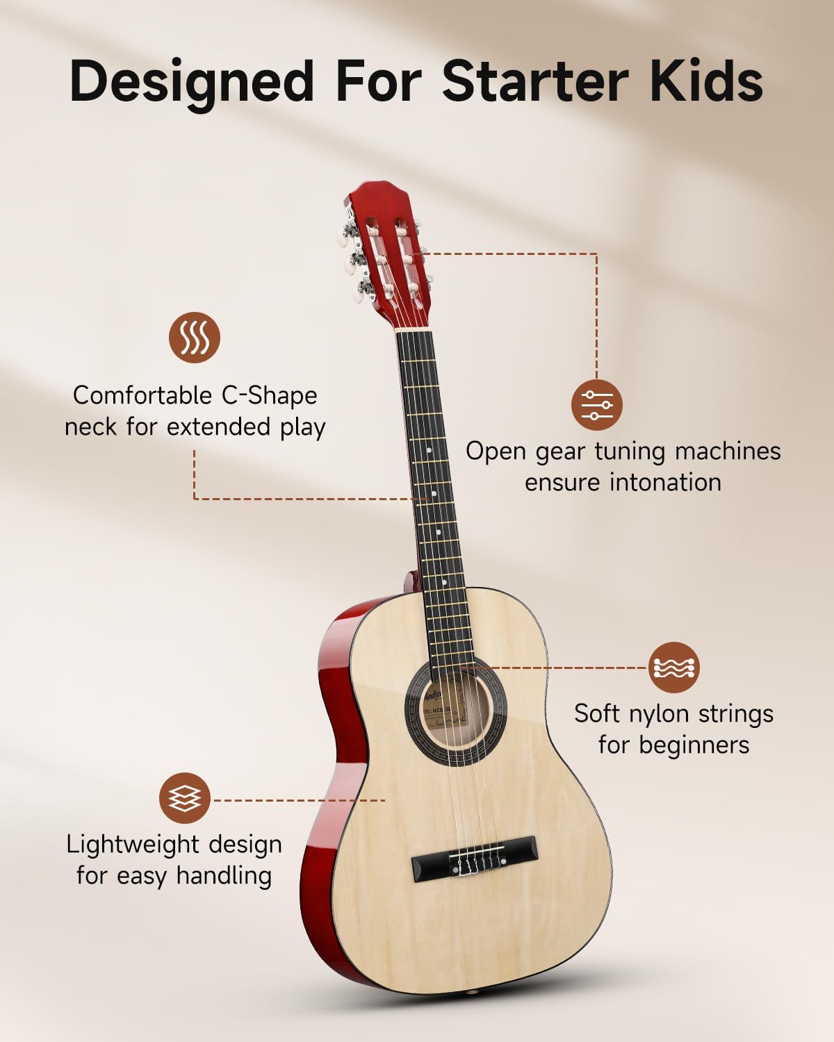 Moukey 36 Inch Acoustic Guitar for Beginners Kids Youth 3/4 Size Dreadnought Travel Guitarra Acustica Kit with Chord Poster, Gig Bag, Tuner, Picks, Nylon Strings, Capo, Strap - Natural