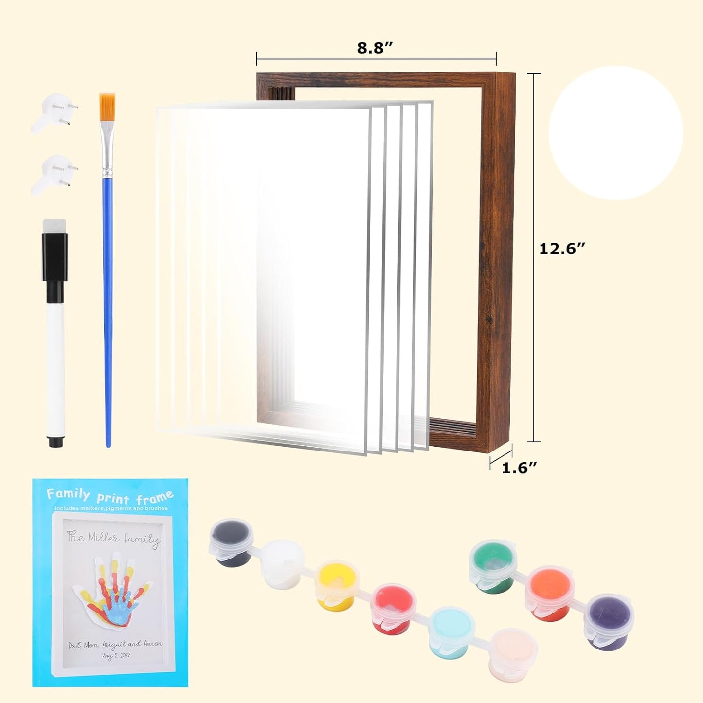 Family Handprint Kit,DIY Colorful Craft Keepsake Family Art Baby Newborn Hand and Footprint Wooden Frame for Home Decor Family Gifts Set(5 Sheets with 8 Colors) (White)