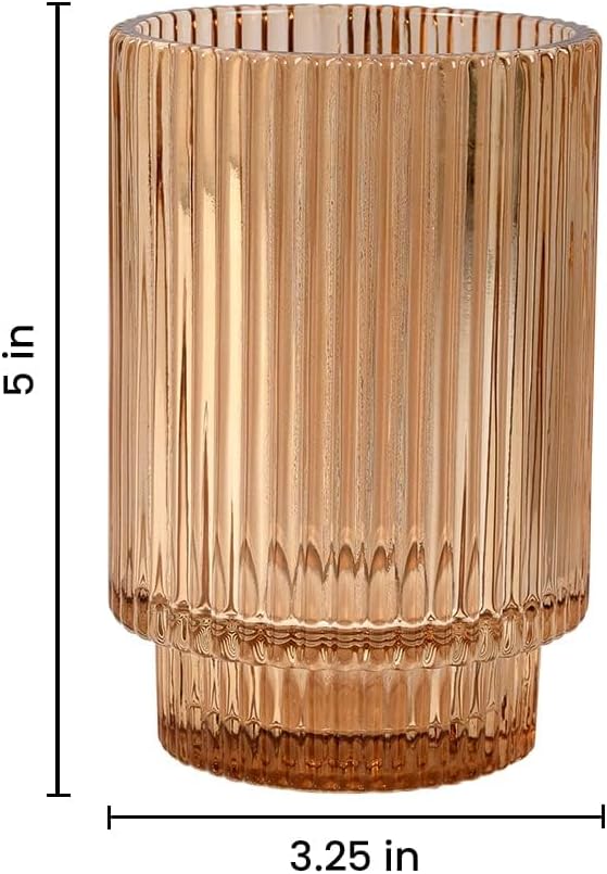 Serene Spaces Living Amber Ribbed Glass Votive Holder, Decorative Centerpiece for Wedding, Christmas, Thanksgiving, Living Room, Home Décor, Measures 3.25" Diameter and 5" Tall, Set of 24