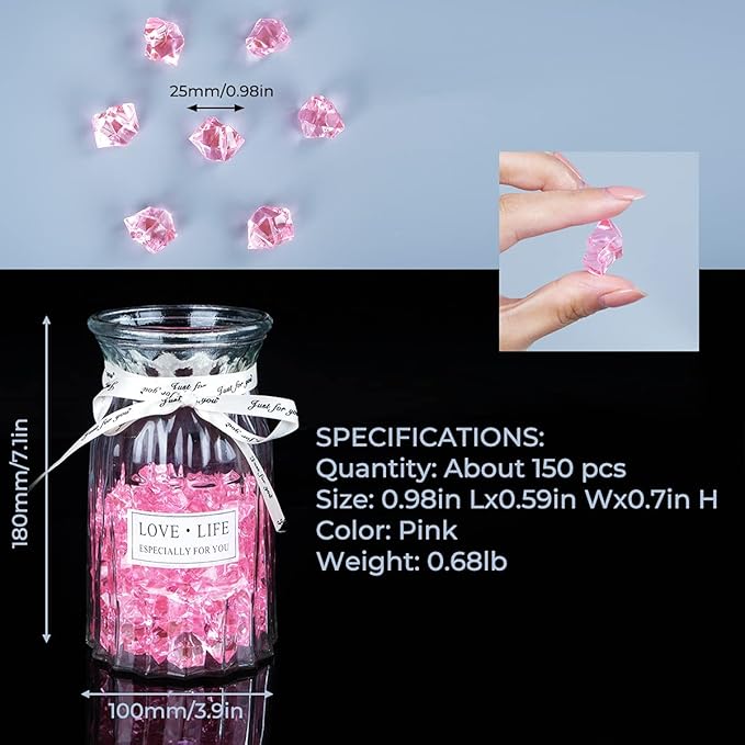 Babenest Acrylic Crushed Ice Rocks, 150 PCS Fake Crystals Plastic Ice Cubes Diamonds Gems for Vase Fillers, Home Decoration, Table Scatter, Event, Wedding, Arts & Crafts (Pink)