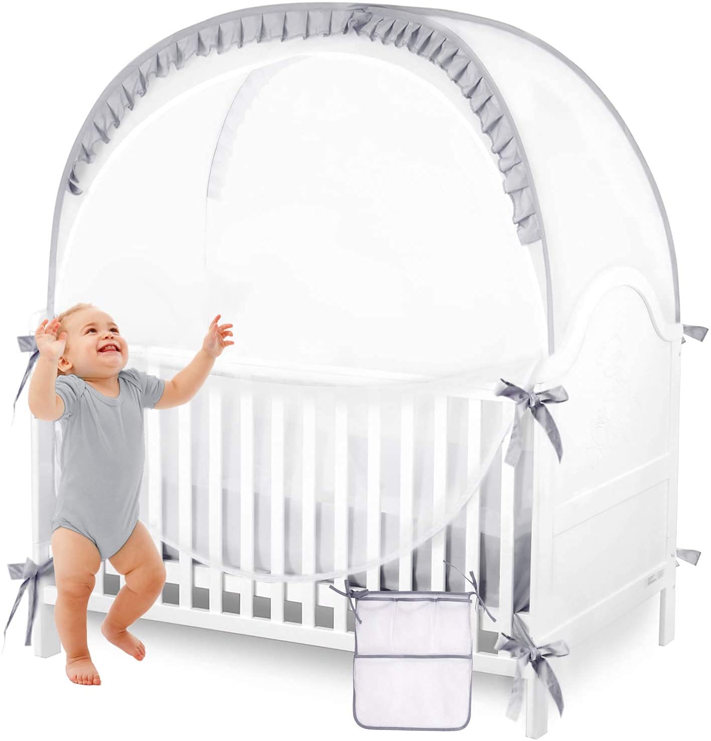 Baby Safety Crib Tent Infant Pop up Mosquito Net Nursery Bed Canopy Netting Cover - Keep Baby from Climbing Out with Hanging Diaper Storage Bag (Gray)