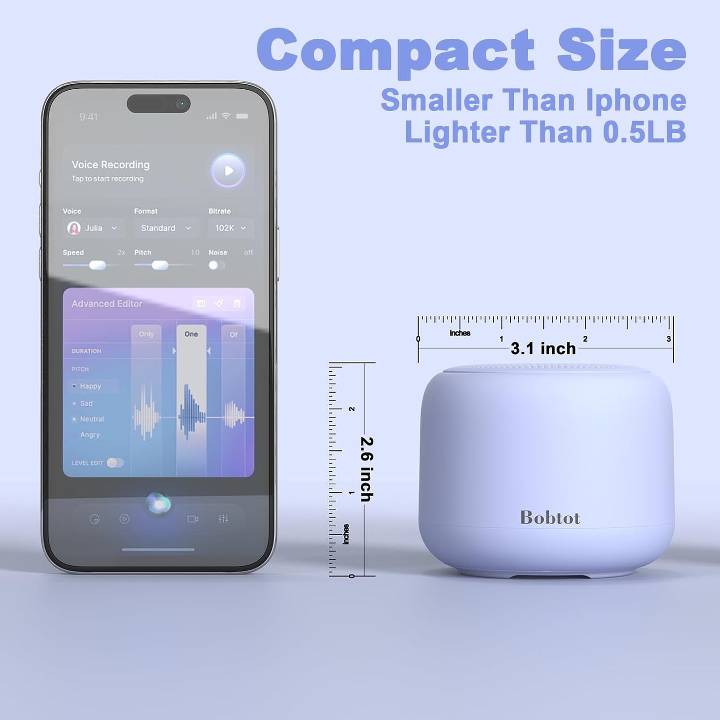 Bobtot Portable Bluetooth Speakers with Strap Easy to Carry, Wireless IPX5 Waterproof Mini Speaker with Loud Stereo Sound, 20 Hours Playtime, Rechargeable Battery, Built-in Microphone, Purple